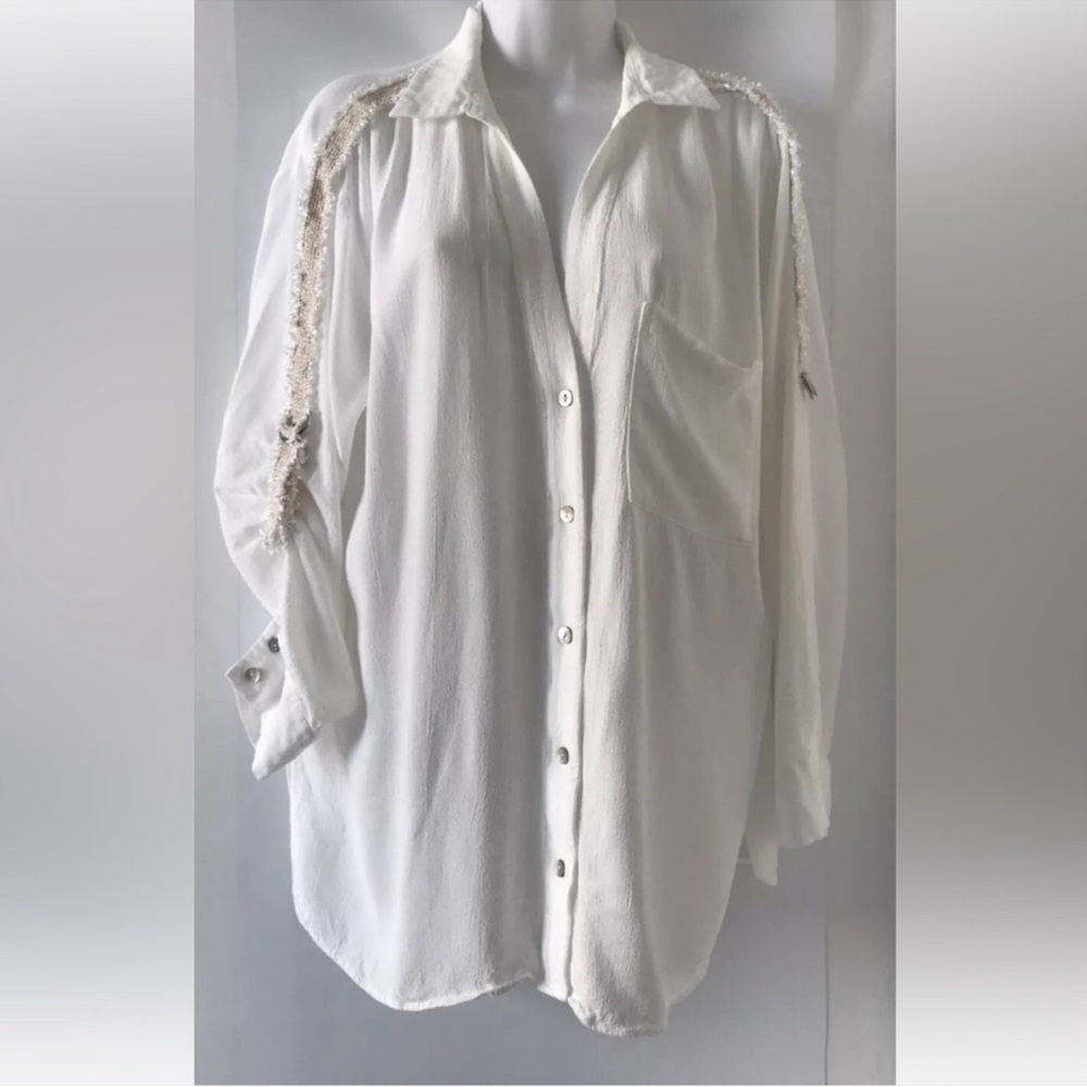X SMALL ZARA White SHIRT WITH CONTRASTING RIBBON Pocket Long Sleeve